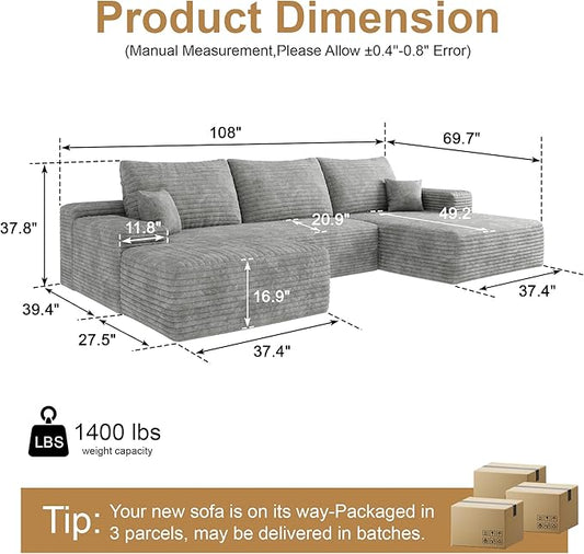 AUGOP 108" Sectional Couches for Living Room Modern Modular Sofa with L-Shape Couchs Upholstered Boneless Couch Deep Seat Sectional Couch with Chaise (Grey, Right Facing Chaise+2Seaters+1Ottoman)