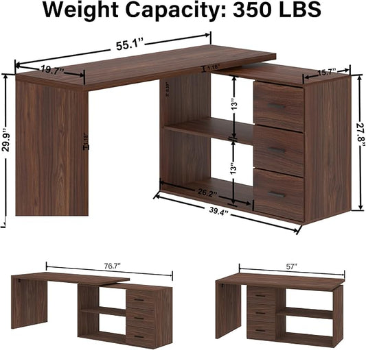 HSH L Shaped Office Desk with Drawers Shelves 55-76 Inch, Corner Computer Desk with Storage 360 Rotating Long for Work, Executive, Study, Writing, Teacher, Bedroom Modern Gaming Table, Walnut