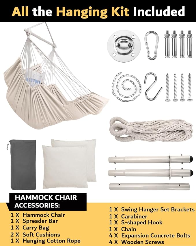 ADVOKAIR Hanging Hammock Chair Large Swing Chair with Foot Rest and Hardware,Max 500lbs,Steel Spread Bar with Anti Slips, 2 Cushions and Side Pocket,Indoor/Outdoor Use…