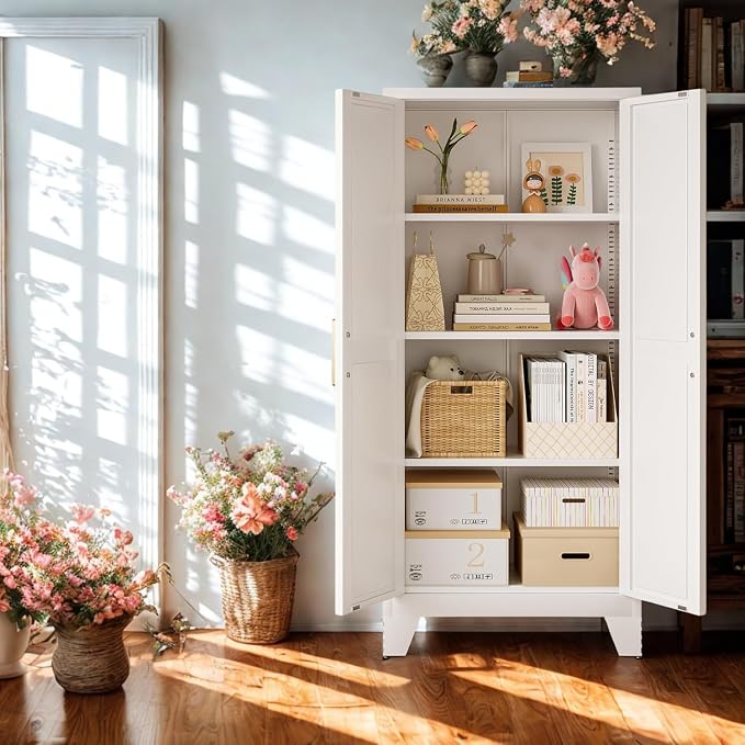 71" H Tall Kitchen Pantry Cabinet,Metal Food Storage Cabinets, White Kitchen Cabinet with Doors and Shelves, Large Freestanding Cabinets with Storage for Dining Room, Living Room