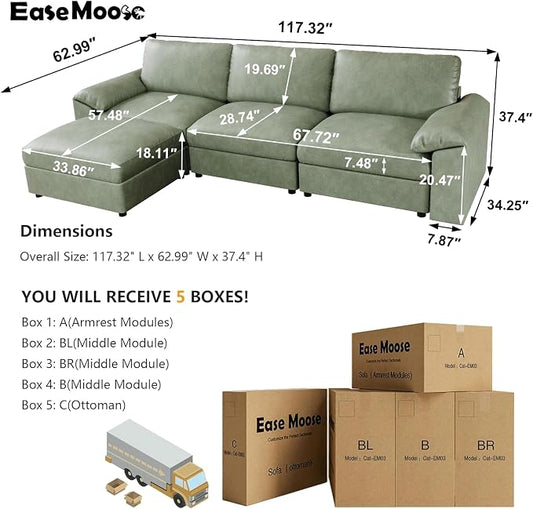EASE MOOSE Leather Sectional Couch, Oversized Modular Sectional Sofas, Vintage Wide Deep Seat Modular Couch, Scratch Resistant Faux Leather Material, L Shaped Sofa for Big Spaces,Green