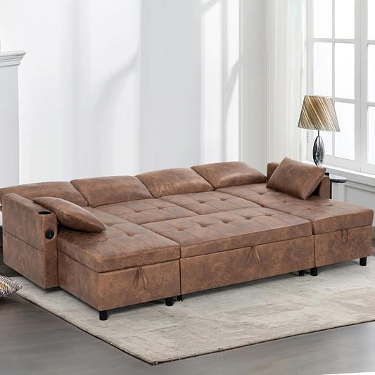 110 inches Suede Leather Sleeper Sofa w/Pull Out Bed, U-Shape Sectional Sofa Bed w/Adjustable Backrest and Storage Chaises, 4-Seats Upholstered Sofa Bed w/USB Port for Living Room, Brown