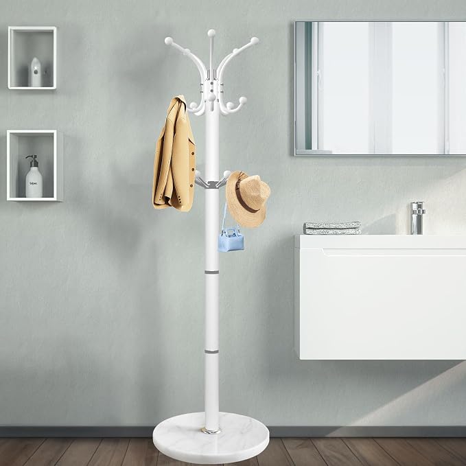 OIRUMIE Coat Rack with Natural Marble Base, Metal Freestanding Coat Racks with 14 Hooks, 360°Rotary Coat Rack Stand for Hanging Scarf, Bag, Jacket, White Coat Clothes Tree Hanger Holder Stand