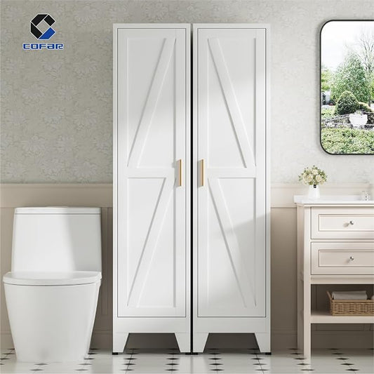 COFaR 67'' Tall Slim Bathroom Storage Cabinet, Metal Narrow Pantry Cabinet with 4 Adjustable Shelves and One Door, Skinny Cabinet Storage for Kitchen Laundry, White Farmhouse 5 Tiers