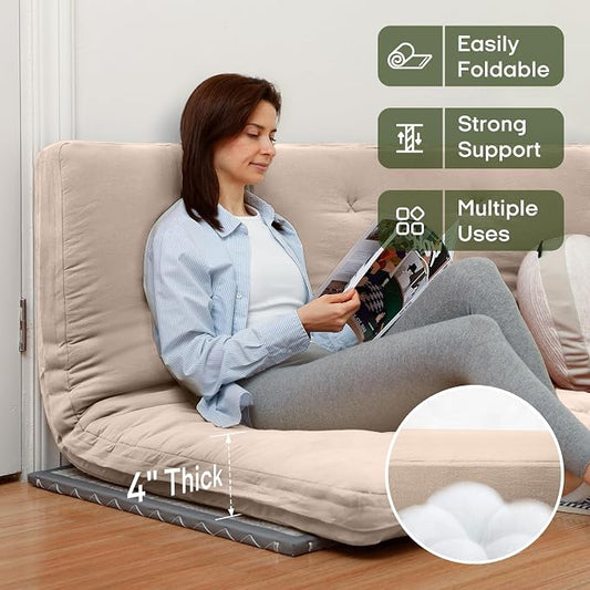ZonLi Japanese Floor Futon Mattress Full Size 75"x 54", 100% Cotton Cover 4'' Thicken Tatami Mattress, Foldable Sleeping Pad, Portable Dormitory Tatami Mat, Roll Up Floor Lounger Bed for Adult (Khaki)