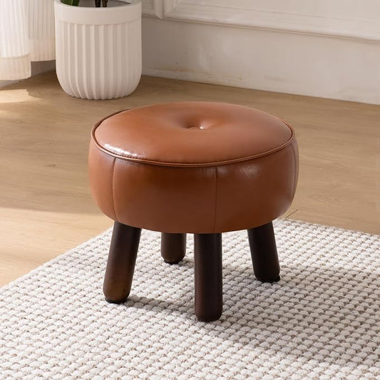 oakvivo Small Foot Stool, Round Faux Leather Pouf Ottoman Foot Rest, Footstool Ottomans with Rubber Legs Under Desk, 13''L x 13''W x 10.2''H, Footrest for Couch, Living Room, Bedroom, Hallway, Brown