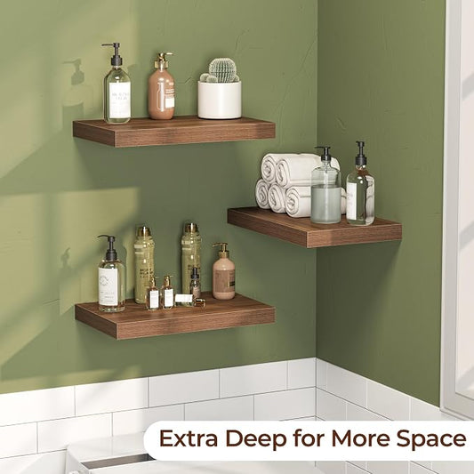Fun Memories Floating Shelves for Wall 16 Inch Set of 3, Farmhouse Floating Shelves with Invisible Heavy Duty Bracket, 10 Inch Deep Bathroom Shelves for Storage, Living Room, Kitchen, Decor, Walnut