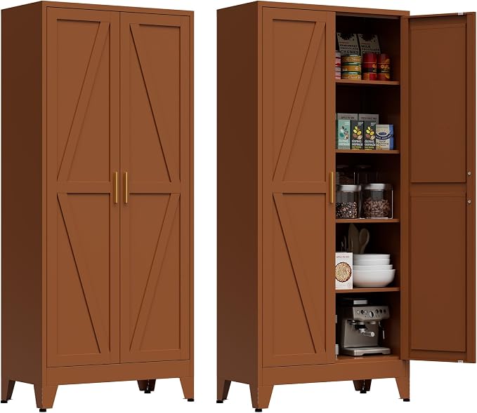 Brown Metal Storage Cabinet,71" Tall Farmhouse Storage Cabinets with 2 Morden Rhombus Doors and 4 Adjustable Shelves, Rustic Freestanding Cupboard for Kitchen,Home Office Living Room,Dining Room