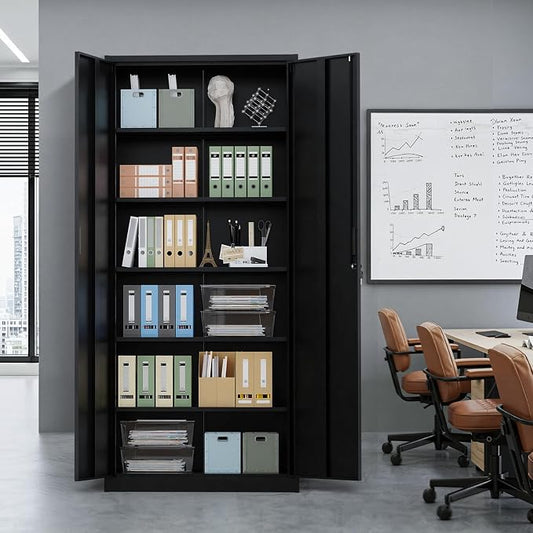 VINGLI Metal Garage Storage Cabinet with 2 Doors and 5 Adjustable Shelves, 71" Tall Steel Lockable File Cabinet, Locking Tool Cabinets for Home Office Garage Gym School (Black)