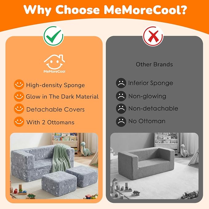 MeMoreCool Dinosaur Glow Foam Kids Play Couch Set, Gray Modular Sofa & Lounger – Glow-After-Light Dinosaur Pattern, Machine-Washable Cover