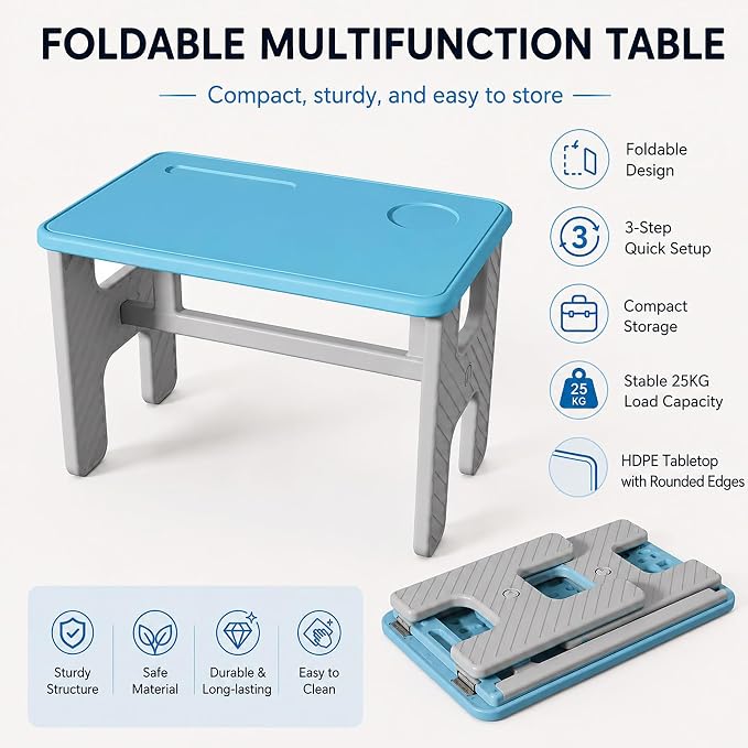 UNICOO Kids Folding Table, Toddler Activity Table for Study, Snack, Art Craft and Play, Portable Plastic Children's Table for Small Spaces, Home and Playroom