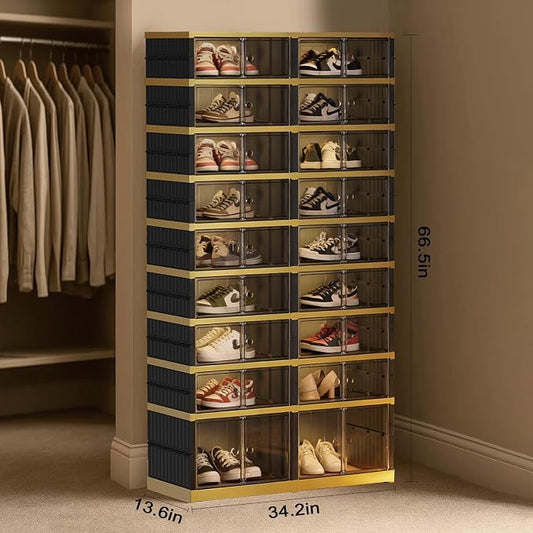 SYNCVIBE Shoe Rack Organizer for Closet Entryway Foldable Sneaker Storage Shoe, Collapsible Shoe Cabinet, Stackable Shoe Storage Cabinet with Lids for Living Room (9 Tiers -36 Pairs Black Gold)