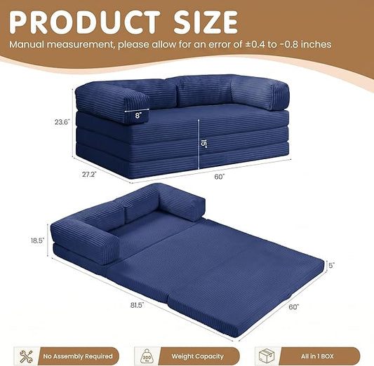 Convertible Sofa Bed Queen,5-in-1 Boneless Couch with Removable Armrests & Handle,Corduroy Futon Sleeper Sofa,Floor Folding Mattress Pull Out Bed for Small Space Apartment Living Room Bedroom,Blue