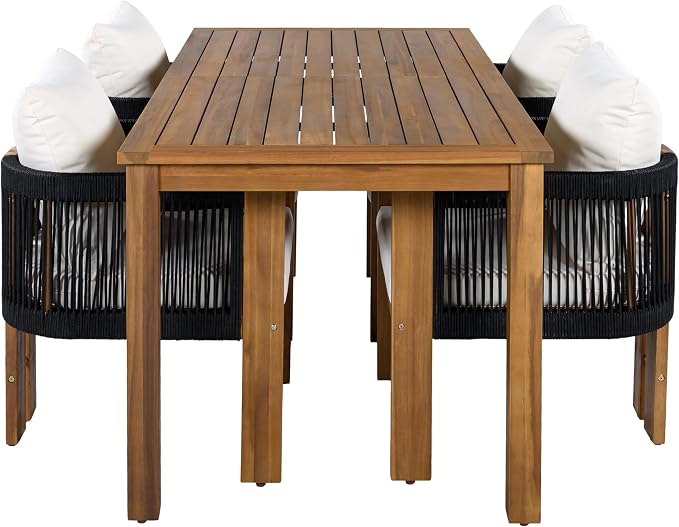 Quarte Luxury 4-Person Outdoor Dining Set: Solid Acacia Wood Table with Rope-Woven Chairs & Comfy Cushions for Patio, Garden, Poolside or Deck (Black,Brown-R)