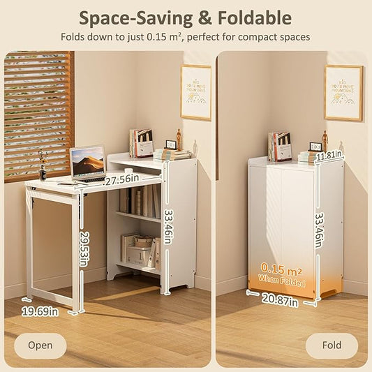Bamboo Folding Desk for Small Spaces with Storage, Foldable Mid Century Modern Drop Leaf Desk, Vintage Fold Out Hideaway Small Desks for Bedroom or Home Office, White