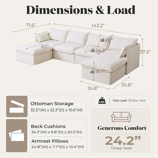 Cloud Modular Sectional Sofa, Oversized Deep Seat Comfort, Linen Blend | Fully Removable Washable Covers, Memory Foam Seat Cushions, Storage Ottoman, Premium Fabric