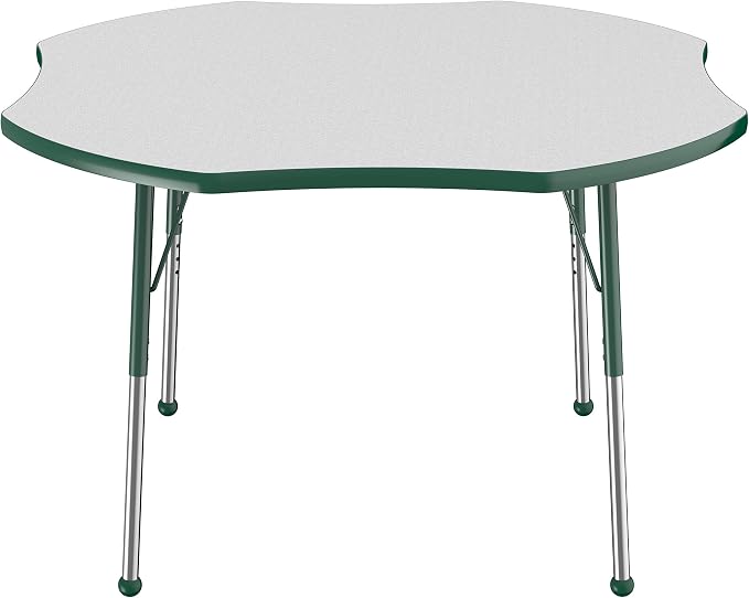 FDP Clover Activity School and Office Table (48 x 48 inch), Standard Legs with Ball Glides for Collaborative Seating Environments, Adjustable Height 19-30 inches - Gray Top and Green Edge