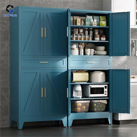 COFaR 71'' Tall Metal Pantry Cabinet with Drawer, Kitchen Storage Cabinet with 4 Doors and Shelves, Freestanding Farmhouse Food Cupboard for Kitchen Dinning Room Garage, Peacock Blue 6-Tier