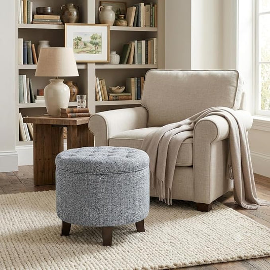 HomePop 19" Button Tufted Round Storage Ottoman - Blue Gray Woven Fabric