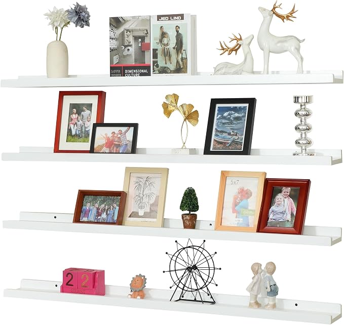 PHOENANCEE Long Floating Shelves for Wall 47 Inch,Real Wood Picture Ledge with Lip Set of 4,Photo Frame Storage Display for Living Room Nursery Bedroom Bathroom Kitchen Home Office Decor (White)