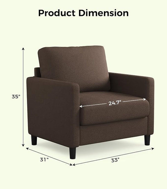 Welzona Sofa Accent Chair, 33" Reading Chair for Bedroom, Tool-Free Setup Living Room Accent Chairs, Comfy Arm Chairs Living Room, All-Wood Reading Nook, Brown