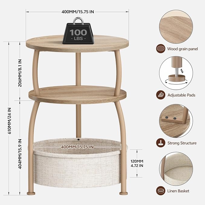 Round Side Table with Storage Basket, End Table Living Room | 3-Tier Bedside Table, Corner Table for Small Room, Bedroom, Garden, 15.75in Couch Side Table with Cat Bed, Accent Table