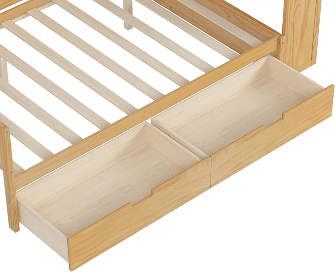 Merax Full Size Wood Daybed, Corner Bed Frame with Storage Shelves, 2 Drawers & Study Desk & Built-in Workspace, Multi-Functional Wooden Bed Space-Saving for Bedroom, Dorm, Guest Room, Natural
