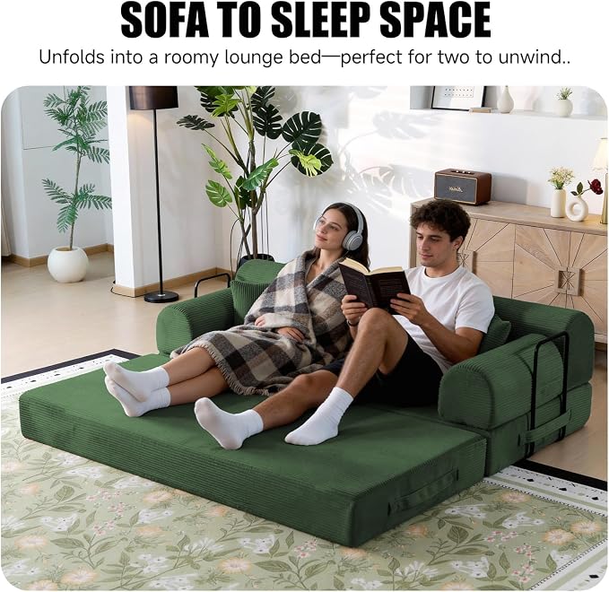 78.8" Boneless Memory Foam Couch, Corduroy Convertible Floor Sofa Bed, Fold-Out Sleeper Futon Loveseat, Wide Armrests & Supportive Back, 1200 lb, Couch in a Box, 2 Pillows, Dark Green
