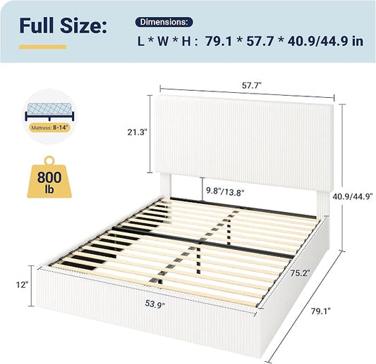 Allewie Full Bed Frame, Upholstered Platform Bed, Adjustable Vertical Channel Tufted Headboard, Corduroy Fabric, Modern Low Profile, Wooden Slats, No Box Spring Needed, Easy Assembly, White