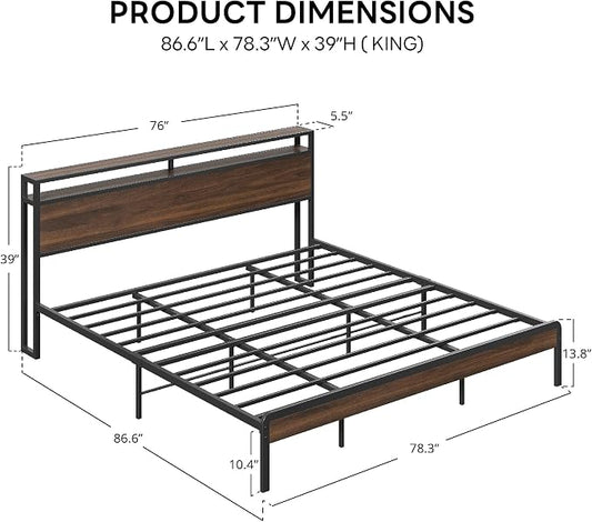 LIKIMIO King Bed Frame with Headboard, Dark Wood Camas King with Strong Supports, Sturdy, Noise-Free, No Box Spring Needed, Dark Walnut