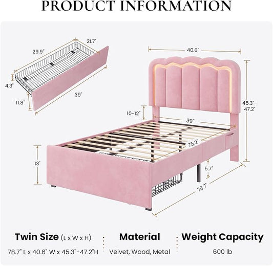 SHA CERLIN Upholstered Twin Size Bed Frame with LED Lights and Large Storage Drawer, Velvet Platform Bed with Adjustable Wavy Headboard, Noise Free, Easy Assembly, No Box Spring Needed, Soft Pink