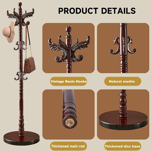 Wooden Coat Rack Stand, Natural Birch Wood Coat Rack Freestanding with Triangular Base, Sturdy Solid Wood Coat Racks with 14 Hooks, Vintage Coat Hall Clothes Tree for Entryway, Office, Corner