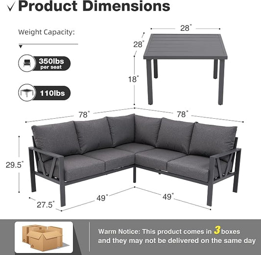Patio Furniture Set, 6 Pieces Outdoor Couch Sectional, L Shaped Patio Sofa, Metal Patio Couch Sectional with Side Table, Outdoor Seating Conversation Set, Grey