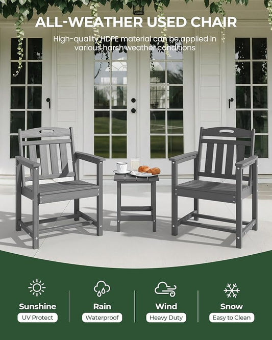 Patio Chairs Set of 2, HDPE Outdoor Dining Chairs with Wide Seat, All Weather Oversized Porch Chair for Garden, Backyard, Deck - Grey
