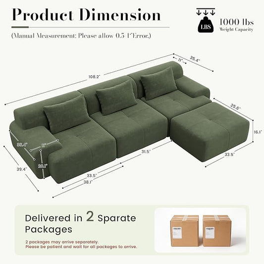 GRUSIGN 108'' Modular Sectional Boneless Sofa, Tufted Sectional Couches for Living Room,Oversized L Shape Deep Seat Sofa with Ottoman & 3 Throw Pillows,Corduroy Cloud Couch,Green