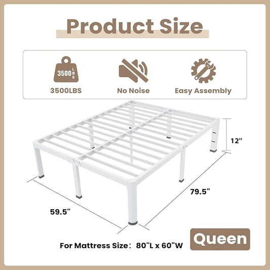 ROIL 12 Inch White Queen Bed Frame with Rounded Corner and Headboard Hole Mattress Retainers, 3500LBS Heavy Duty Steel Slats No Box Spring Needed Platform Noise-Free Easy Assembly