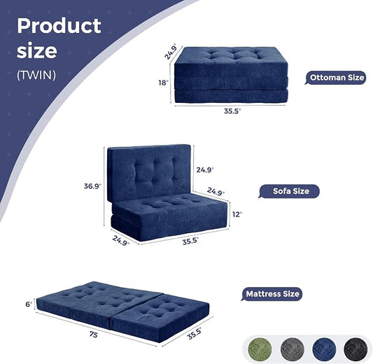 MAXYOYO 6" Folding Sofa Bed for Floor, Tufted Tri-Fold Floor Mattress with Chenille Fabric, Twin Size Portable Sofa Couch Guest Mat for Adults, Foldable Topper for Camping, Navy, 35.4"x75"