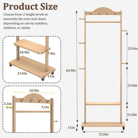 Wood Clothes Rack with Storage, 2 Shelves, 9 Hooks, Garment Rack with wheels, Coat Rack Freestanding, Clothing Rack Heavy Duty Hall Tree for Living Room Hallway,835 Natural
