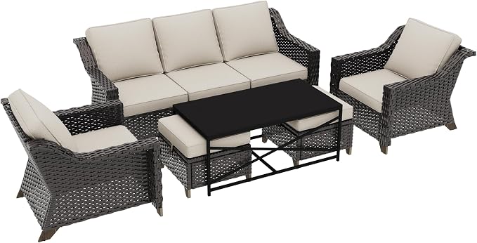 6 Pieces Outdoor Conversation Furniture Set - 77" Patio Sofa, 2 Armchairs, 2 Ottomans, 1 Metal Table, Patio Wicker Couch Set with Washable Cushions for Swimming Pool (Beige)