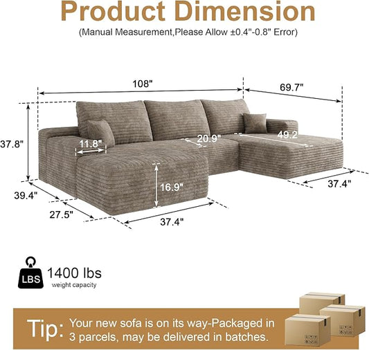 AUGOP 108" Sectional Couches for Living Room Modern Modular Sofa with L-Shape Couchs Upholstered Boneless Couch Deep Seat Sectional Couch with Chaise (Camel, Right Facing Chaise+2Seaters+1Ottoman)
