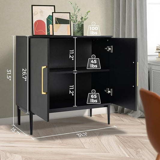 Black Storage Cabinet with Doors, Modern Accent Cabinet, Free Standing Cabinet with Adjustable Shelf, Wooden Buffet Sideboards for Living Room, Kitchen, Dining Room, Entryway