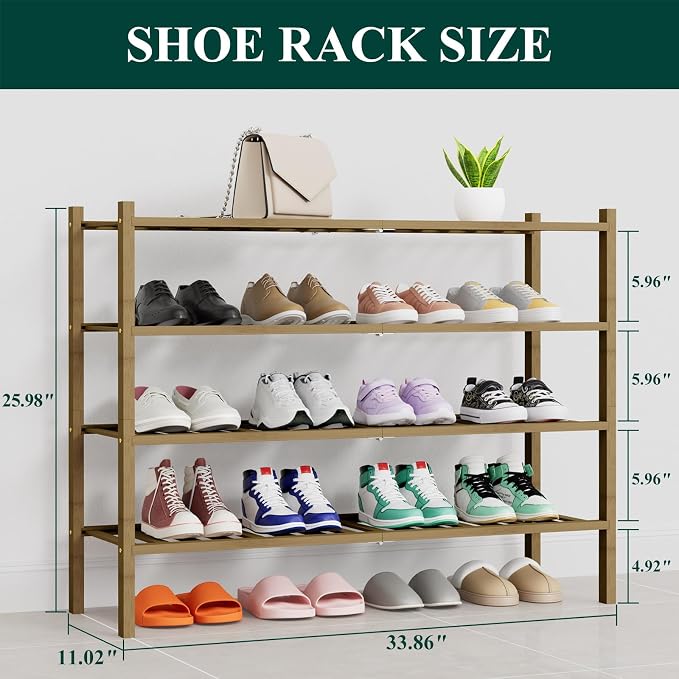 Smiry Long Bamboo Shoe Rack, 4 Tier Free Standing Wooden Shoe Organizer, Stackable Wood Shoe Storage Shelf for Closet, Entryway, 14 Vertical Slats, 2+2 Stack Heavy-Duty Legs, 33.7"x11"x26", Walnut