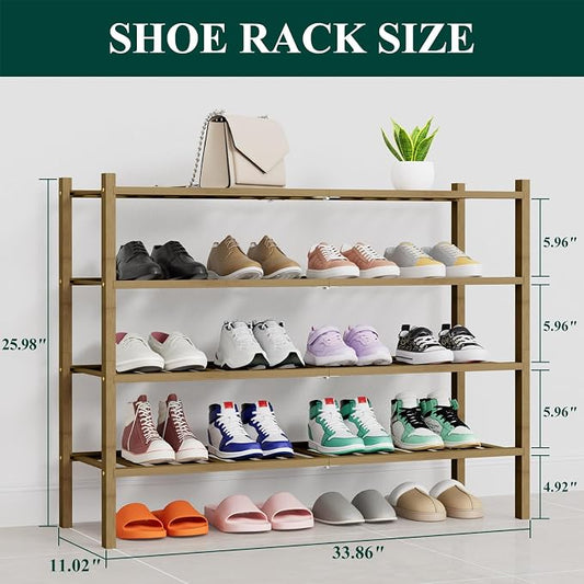 Smiry Long Bamboo Shoe Rack, 4 Tier Free Standing Wooden Shoe Organizer, Stackable Wood Shoe Storage Shelf for Closet, Entryway, 14 Vertical Slats, 2+2 Stack Heavy-Duty Legs, 33.7"x11"x26", Walnut
