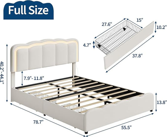Garvee Full Size Bed Frame with 2 Storage Drawers and LED Lights, Upholstered Platform Full Bed with Adjustable Headboard, Wooden Slats Support, No Box Spring Needed, Easy Assembly, White