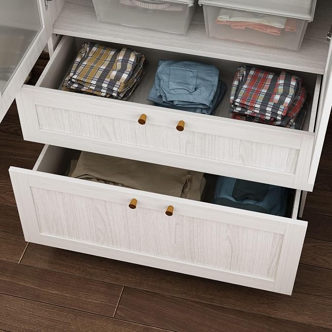 MOUMON Tall Wardrobe with Drawers, Modern Bedroom Armoires with Frosted Glass Doors and Hanging Rod, Armoire Wardrobe Closet with Gold Knobs, Wood Grain 31.5" W x 19.9" D x 86.6" H