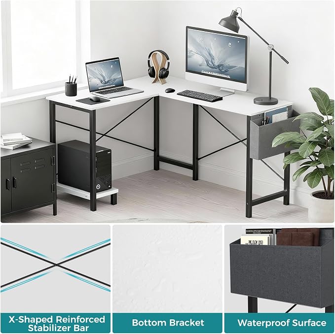 OLIXIS L Shaped Desk, 50-Inch Office Computer Gaming Desks Corner PC Table with Side Bag and Reversible Shelf for Home Work Study Writing White