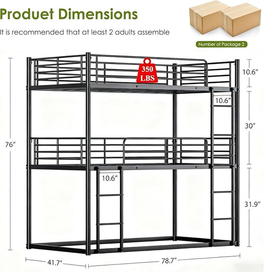Triple Bunk Beds, 3 Bunk Bed Twin Over Twin Over Twin with 2 Ladders, Metal Frame with Guardrails,Heavy Duty Triple Bed Frame for Teenagers/Adults Bedroom, No Box Spring Needed