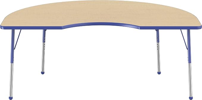 FDP Kidney Activity School and Office Table (48 x 72 inch), Standard Legs with Ball Glides for Collaborative Seating Environments, Adjustable Height 19-30 inches - Maple Top and Blue Edge