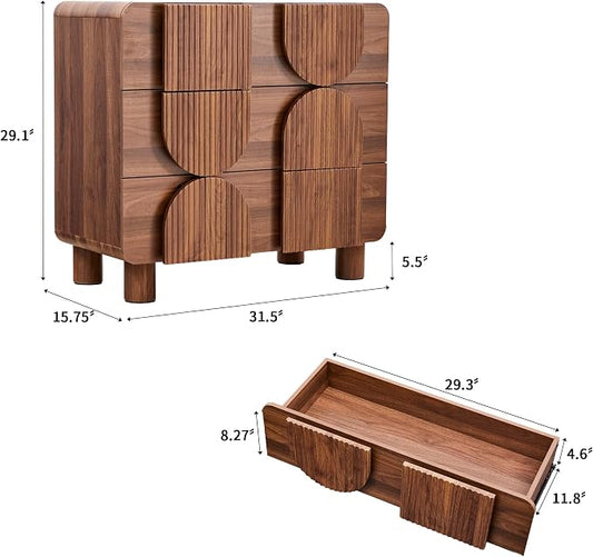 Janmer Home 3 Drawer Dresser, Modern Fluted Wood Chest of Drawers, 31.5" Wide Walnut Nightstand with Anti-Tip Device, Curved Storage Cabinet for Bedroom, Living Room, Entryway