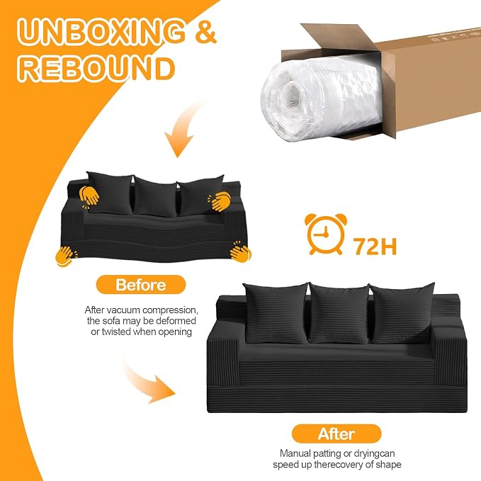 Erament 3 Seater Boneless Couch Sofa Bed, 78'' Corduroy Oversized Loveseat Folding Sofas Bed, Compression Convertible Futon Floor Couch Sofa Beds with 3 Pillows for Living Room Bedroom Apartment